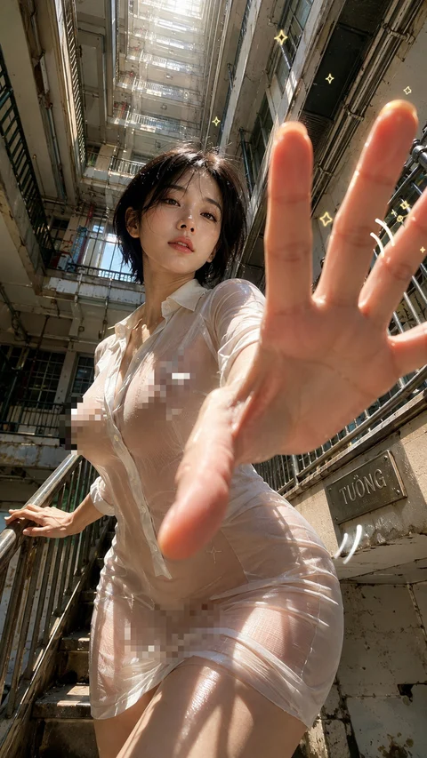 A person in a pale dress reaches toward the camera inside a tall metal-framed corridor.