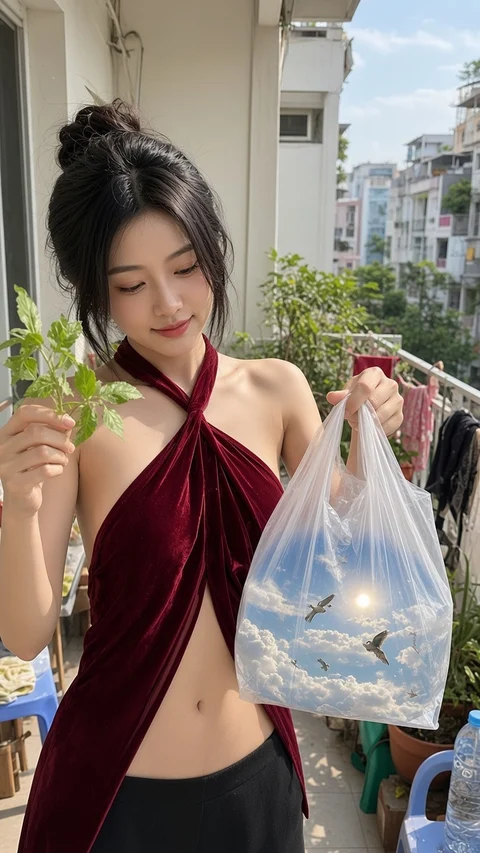 A woman in a burgundy halter top holds a clear bag of small fish on a balcony.