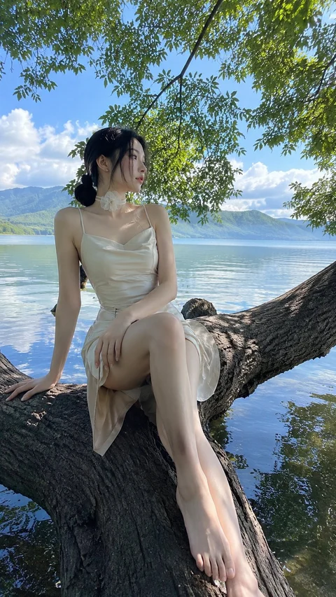 A woman in a pale dress sits on a broad tree branch over blue-green water.