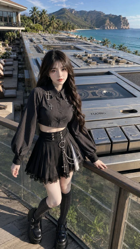 A person in a black cropped top, pleated skirt and tall boots stands on a terrace overlooking water and mountains.