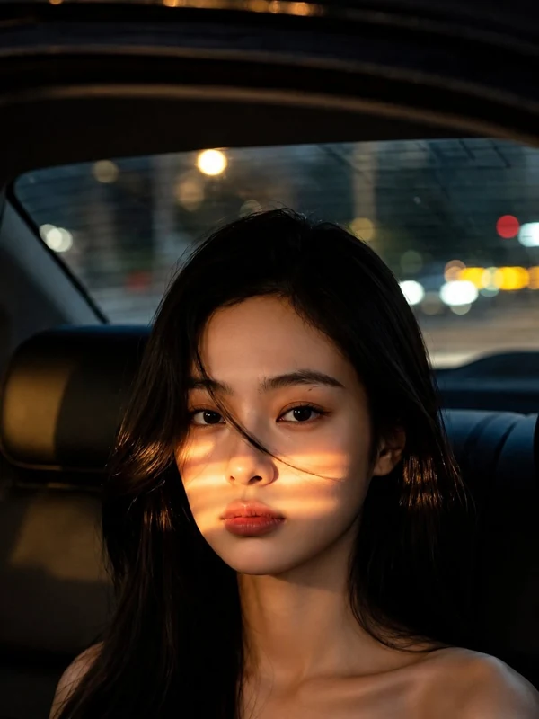 Woman in a car at night with warm street light across her face